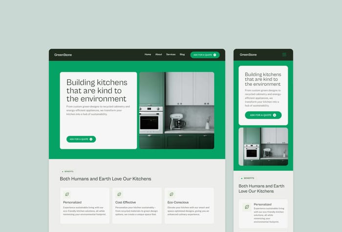 GreenStone — Building &amp; Interior Design Website - GreenStone is a Framer template for service-based businesses within the construction, house building, and interior design industries. This template was made by Bunny Hop Creatives.