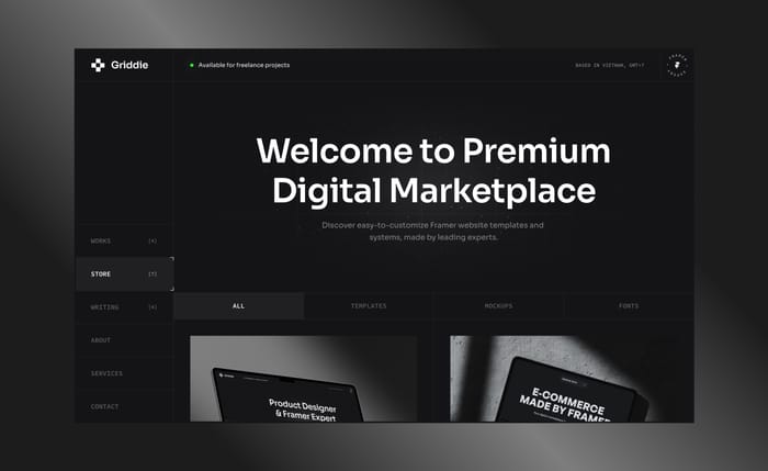 Griddie — Portfolio &amp; Product Template - Showcasing work, Selling &amp; Writing all in one place.
Your online hub for sophistication, featuring a dark, minimal design and a clean, grid layout, tailored for showcasing work, selling digital products, and expressing creativity.