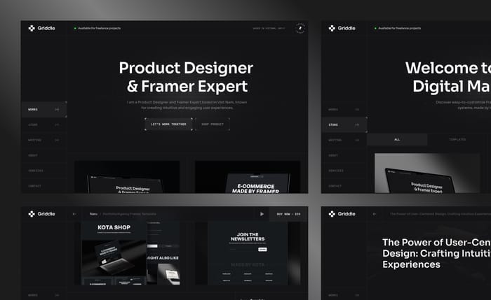 Griddie — Portfolio &amp; Product Template - Showcasing work, Selling &amp; Writing all in one place.
Your online hub for sophistication, featuring a dark, minimal design and a clean, grid layout, tailored for showcasing work, selling digital products, and expressing creativity.