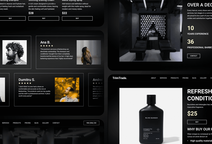 TrimTrade — E-commerce and Barbershop Template - Welcome to TrimTrade - Framer Template, a versatile and innovative solution suitable for both e-commerce spaces and barbershops! Inspired by industry best practices and equipped with state-of-the-art features, TrimTrade helps you create a captivating and efficient online presence for your business.
