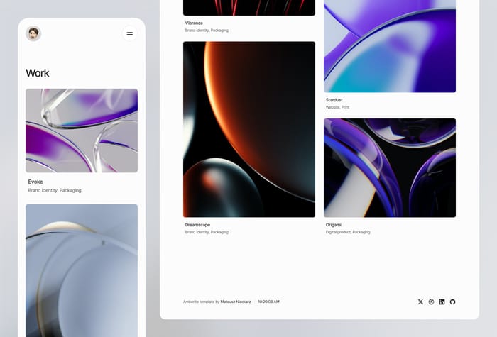 Amberite — Sleek Portfolio - Discover Amberite, the ultimate Framer no-code website template for creatives and individuals seeking a sleek and contemporary online showcase. Designed for easy customization, Amberite lets your work, blog posts, or products shine.