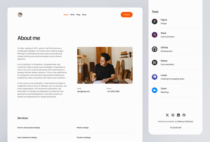 Amberite — Sleek Portfolio - Discover Amberite, the ultimate Framer no-code website template for creatives and individuals seeking a sleek and contemporary online showcase. Designed for easy customization, Amberite lets your work, blog posts, or products shine.