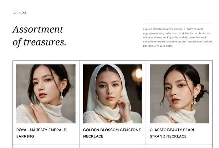 BellezaTheme — Jewelry Store Template - Belleza, a Framer template for artisan jewelry shops, elegantly showcases jewelry with a unique horizontal gallery. Its built-in CMS simplifies product management, while engaging scroll effects enrich the user experience, making it ideal for jewelry retailers aiming for a captivating online presence.