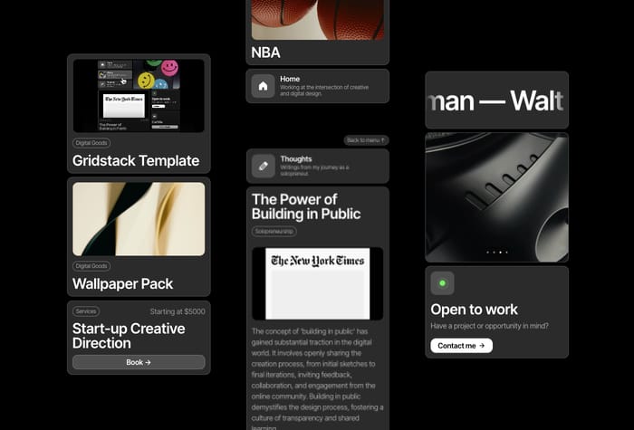 Gridstack — Portfolio Website - The personal template where every stack clicks into place. Impress at home, shine in your portfolio, and seal the deal in contacts. Perfectly pieced together for both desktop and mobile, every corner of your personal site finds its home in Gridstack. Fit in to stand out.