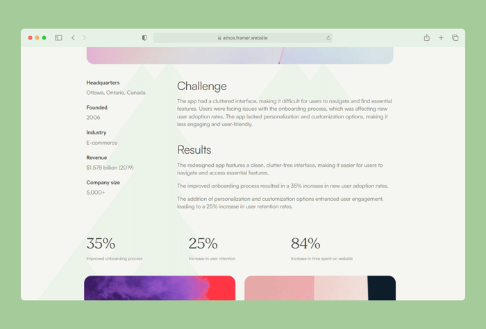 Athos — Portfolio website - Discover Athos, a clean and elegant Framer-built template tailored for UX designers. Boost your portfolio with its structured case study layout and captivating animations.