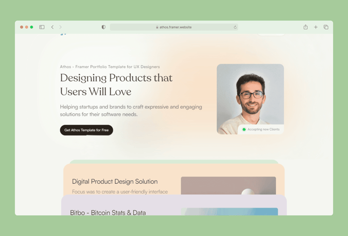 Athos — Portfolio website - Discover Athos, a clean and elegant Framer-built template tailored for UX designers. Boost your portfolio with its structured case study layout and captivating animations.