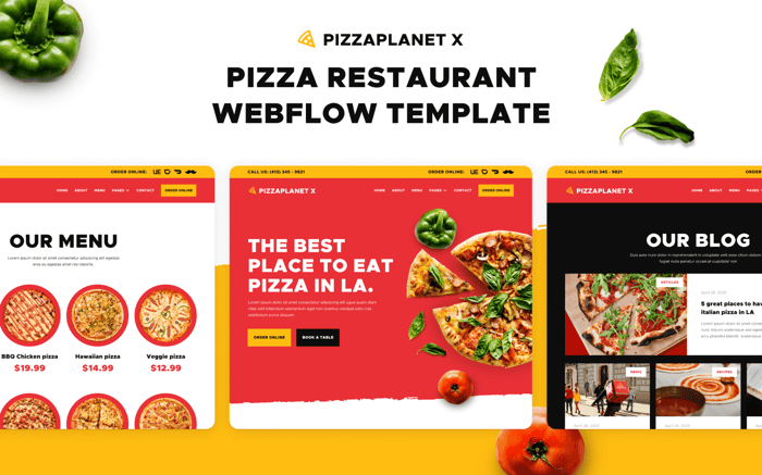 Pizzaplanet X - Restaurant Website Template - Pizzaplanet X is our pizza restaurant Webflow Template created for italian and fast-food restaurants looking to have a fresh, unique and world-class design. If you want to boost your restaurant brand, this is the template you are looking for!
