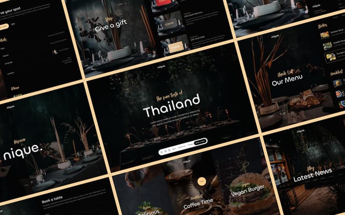 Nique - Restaurant Website Template - Nique is an elegant Restaurant Webflow Template perfectly suited for classy restaurants with individual cooking classes. It comes with an elegant dark design, advanced interactions, CMS and Ecommerce integration.