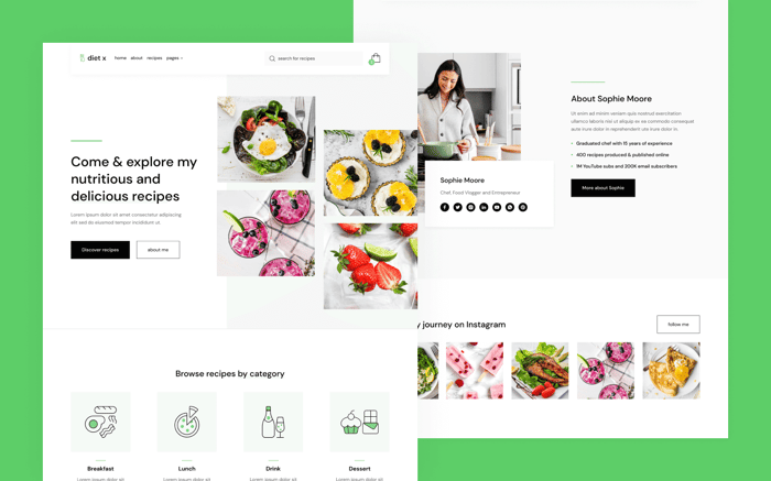 Diet X - Recipe Website Template - Looking to publish delicious recipes on your food blog? Presenting Diet X, our food recipes blog Webflow Template that includes everything to help you launch an amazing food blogging site and become a foodie influencer.