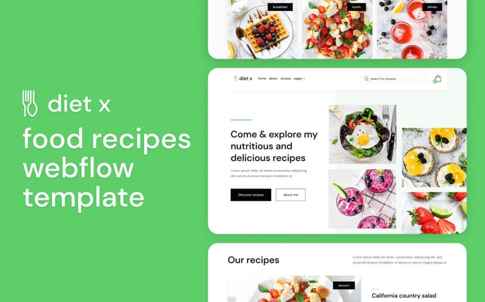 Diet X - Recipe Website Template - Looking to publish delicious recipes on your food blog? Presenting Diet X, our food recipes blog Webflow Template that includes everything to help you launch an amazing food blogging site and become a foodie influencer.