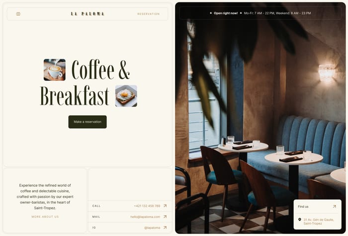 La Paloma — Cafes, bar, or restaurant Website Template - La Paloma is the ultimate Framer website template designed for cafes, bars, or restaurants. Design inspired by the sun-drenched French Riviera was created to give you more options for showing the content you need and customisation.
