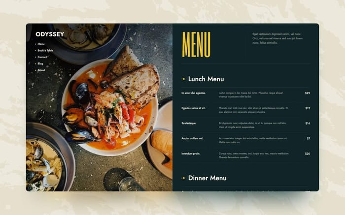 Odyssey - Restaurant Website Template - Odyssey Webflow template is highly suitable for creating websites for restaurants, bars, cafes, coffee bars, and market stalls selling food or drinks.