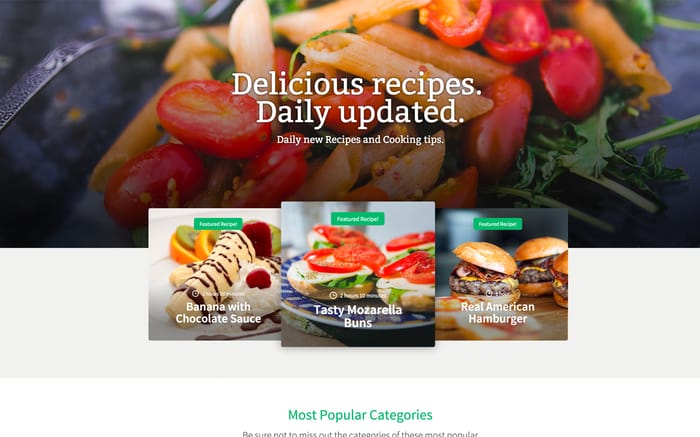 All Recipes - Recipe Website Template - A modern and stylish looking recipe website using built-in CMS features. Simply add your recipes and see your recipe collection on your website grow! Fun for home cooks but professionals as well! Adding multiple recipe authors/cooks and blogging is possible as well.