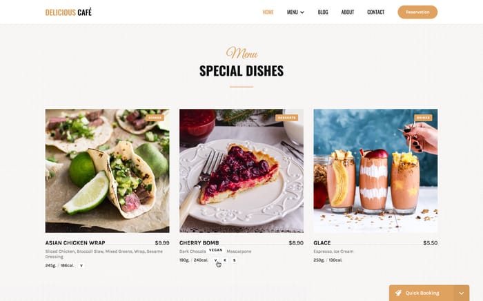 Café - Restaurant Website Template - Carefully crafted Webflow theme for cafe and restaurants. This simple yet powerful CMS template comes a variety of menu pages, blog functionality, booking and contact forms and many other useful components.