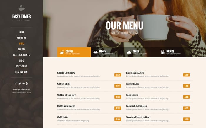 Easy Times - Restaurant Website Template - Easy Times is a modern responsive CMS website template optimized for Restaurants and Cafes. It includes the presentation of menus, events, blogging functionality, multiple contact forms and more.