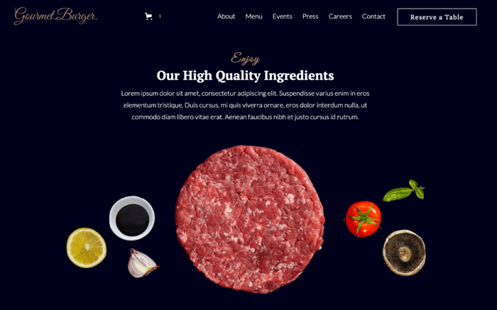 Gourmet Burger - Restaurant Website Template -  Gourmet Burger is a restaurant, Ecommerce and CMS template. Use this template for your restaurant business to gain customers, sell products, find employees and market your events.