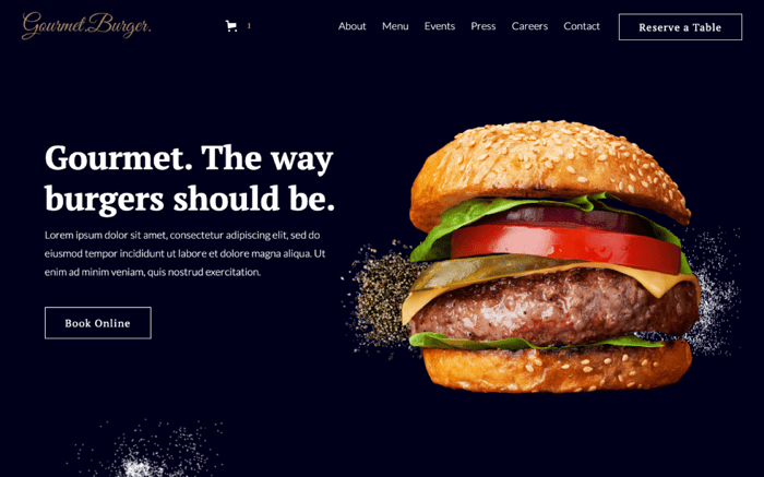 Gourmet Burger - Restaurant Website Template -  Gourmet Burger is a restaurant, Ecommerce and CMS template. Use this template for your restaurant business to gain customers, sell products, find employees and market your events.