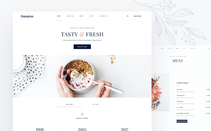 Hampton - Restaurant Website Template - Meet Hampton, an elegant restaurant template packed with all the pages and components needed to build a truely beautiful and modern website. Perfect for every modern resturant, cafe and patisserie.