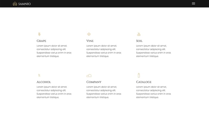 Samnio - Winery Website Template - Samnio is a fashionable website that comes with 4 variations of layouts, blog and catalogue sections, and CMS functionality.