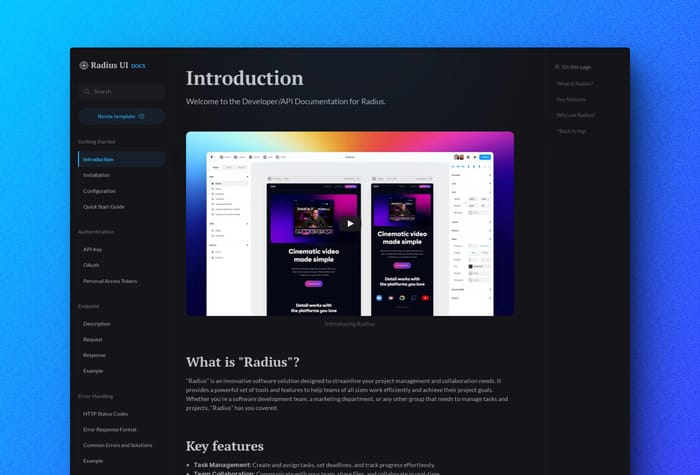 RadiusUI — Documentation Template - Subtle visuals and perfect blend of Serif and Sans-serif typography makes Radius UI different from the crowd. All elements are easily customisable using global components. One click brand theme customisation using global styles.