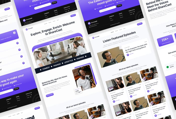 ShareCast — Podcast Landing Page - Explore our 6-page landing site, fully responsive on all devices. Engage with interactive animations for a seamless user experience. Welcome to your captivating online journey!