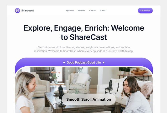 ShareCast — Podcast Landing Page - Explore our 6-page landing site, fully responsive on all devices. Engage with interactive animations for a seamless user experience. Welcome to your captivating online journey!