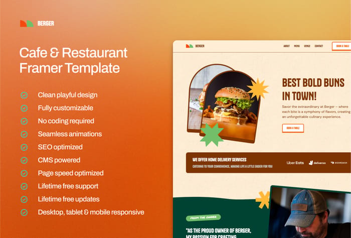 Berger — Restaurant Template - Berger elevates your restaurant or cafe with a bold tailored design for small business owners, showcasing your bold flavors and captivating visitors seeking exceptional dining experiences.