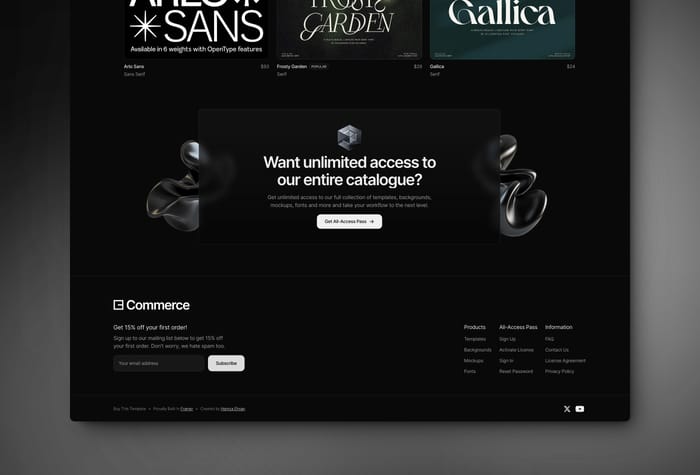 Commerce — eCommerce Website - Introducing Commerce - the ultimate Framer template to transform your website into an eCommerce powerhouse. Sell digital products easily &amp; beautifully, powered by the Framer CMS.
