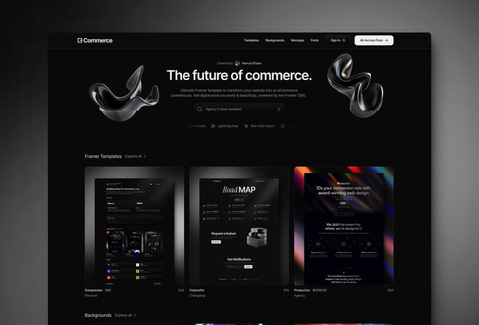 Commerce — eCommerce Website - Introducing Commerce - the ultimate Framer template to transform your website into an eCommerce powerhouse. Sell digital products easily &amp; beautifully, powered by the Framer CMS.