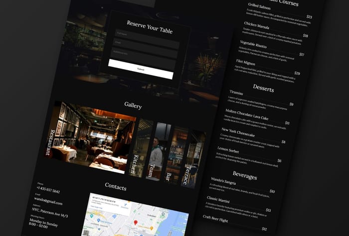 WANDO — Restaurant Template - Showcase your delectable menu with ease through the intuitive CMS items, allowing for effortless updates. Seamlessly integrated reservation forms ensure a hassle-free booking process for your guests. Stay connected with your patrons through the interactive contacts section, all beautifully wrapped in a responsive design that adapts to every device.