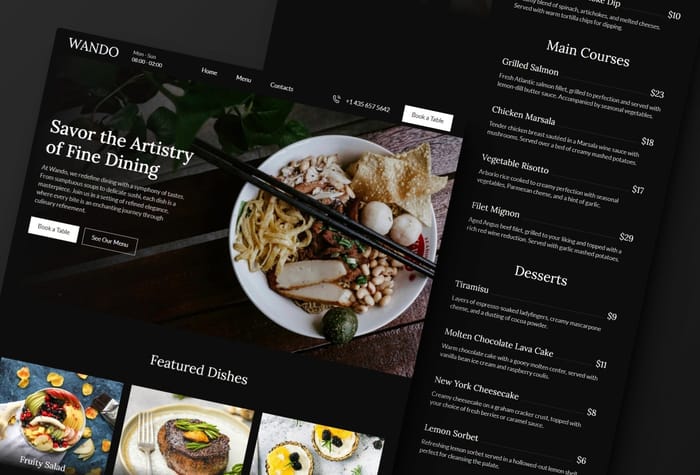 WANDO — Restaurant Template - Showcase your delectable menu with ease through the intuitive CMS items, allowing for effortless updates. Seamlessly integrated reservation forms ensure a hassle-free booking process for your guests. Stay connected with your patrons through the interactive contacts section, all beautifully wrapped in a responsive design that adapts to every device.
