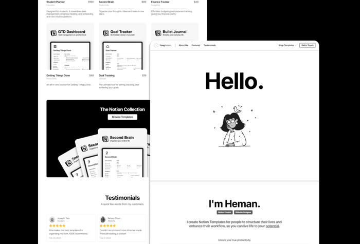 Protion —  Notion Style Marketplace - The template is for Notion template creators, who are looking to create their own affiliate marketplace. The site contains features such as a homepage, contact section, a dedicated CMS storefront with a Gumroad overlay integrated with it.