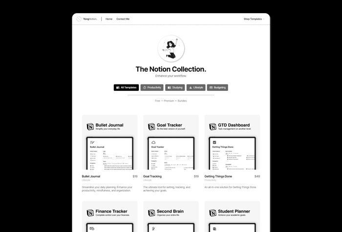 Protion —  Notion Style Marketplace - The template is for Notion template creators, who are looking to create their own affiliate marketplace. The site contains features such as a homepage, contact section, a dedicated CMS storefront with a Gumroad overlay integrated with it.