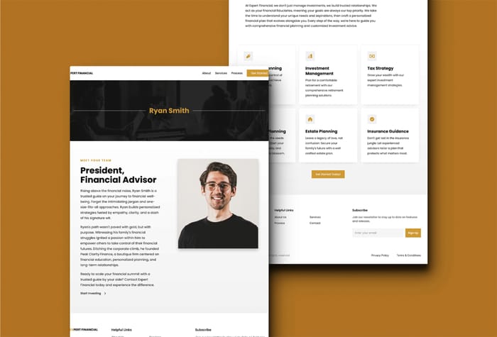 Kitredge — Finance Template - Kitredge is a clean Financial Planning business template that uses strong contrasting colors and Poppins as its main font. It is professional and ready for any start-up. It contains testimonials, contact form, newsletter sign up, and more.