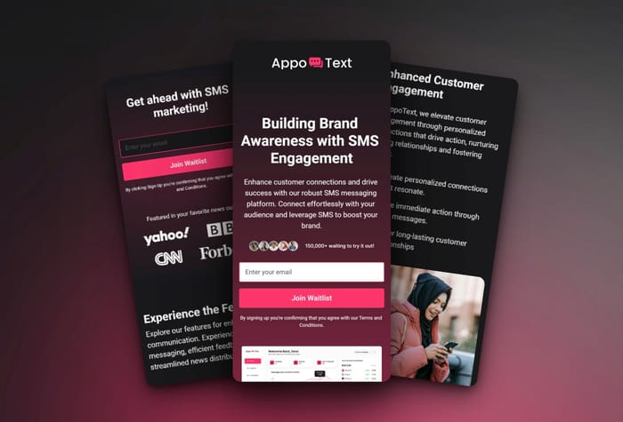 AppoText — SaaS Template - Are you looking to test a SaaS idea? The AppoText template is designed for you. It makes it easy to get people to sign up and demonstrate what your SaaS idea solves. Gather sign-ups for your waiting list to gauge interest in your SaaS.