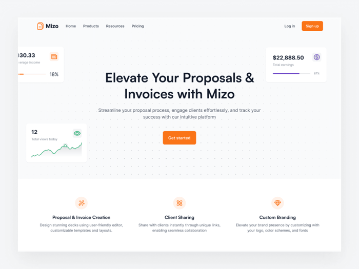 Mizo —  Proposal Website Template - Miro is a proposal platform, that enables designers to create, share, and track decks effortlessly. With intuitive features and seamless integration with tools like Figma and Notion, craft stunning proposals, track engagement, and optimize strategies. 