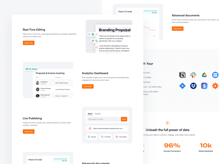 Mizo —  Proposal Website Template - Miro is a proposal platform, that enables designers to create, share, and track decks effortlessly. With intuitive features and seamless integration with tools like Figma and Notion, craft stunning proposals, track engagement, and optimize strategies. 