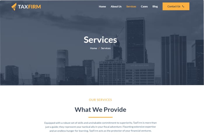 TaxFirm — Tax &amp; Financial Consultant Website - Taxfirm Website Template is designed specifically for tax advisors and financial consultants seeking to establish a strong online presence. With its responsive and professional design, the template offers clients an intuitive platform to explore the services and expertise of your firm.