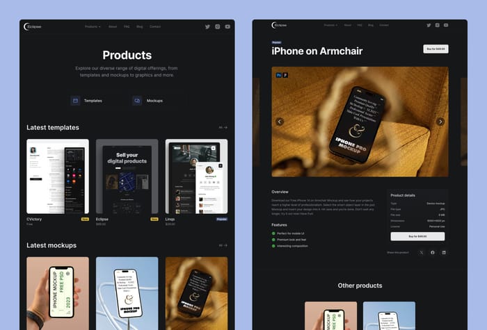 Eclipse — Digital Products Template - Easily start selling your digital products with Eclipse — a chic Framer template for digital entrepreneurs and creators. Made in a sophisticated dark, Eclipse boasts 10+ conversion-focused pages ensuring a seamless shopping experience.