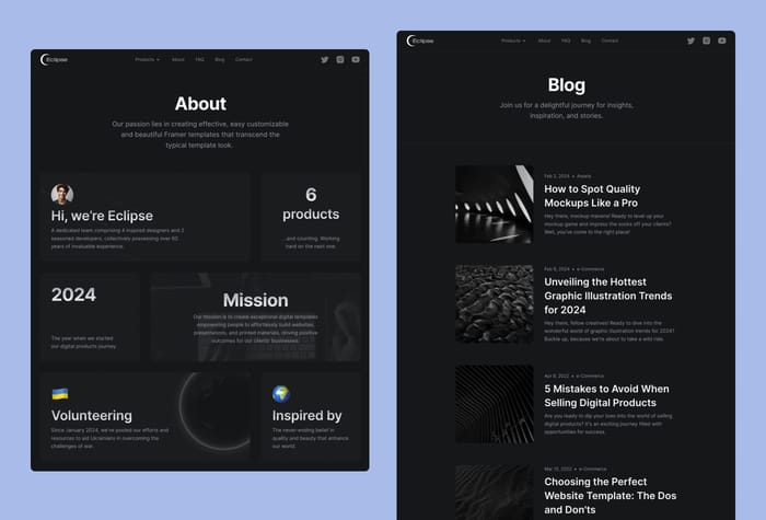 Eclipse — Digital Products Template - Easily start selling your digital products with Eclipse — a chic Framer template for digital entrepreneurs and creators. Made in a sophisticated dark, Eclipse boasts 10+ conversion-focused pages ensuring a seamless shopping experience.