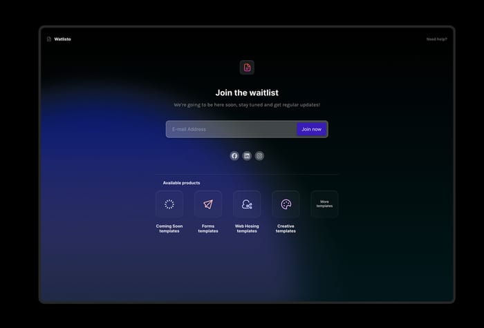 Watlisto — Dark Mode Waitlist - An animated dark-mode waitlist form template comes with two variants of colors, easy to customize, easy to implement social media links with ready pre-packed social media icons, and more.