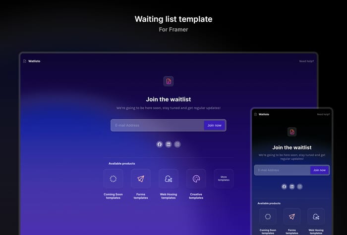 Watlisto — Dark Mode Waitlist - An animated dark-mode waitlist form template comes with two variants of colors, easy to customize, easy to implement social media links with ready pre-packed social media icons, and more.