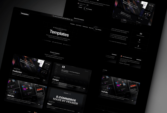 Templation — eCommerce Template - Introducing Templation - the premium Framer template that’s built to help you sell Framer templates. Easily launch &amp; scale your very own Framer template store using this visually stunning, robust and functional Framer template.