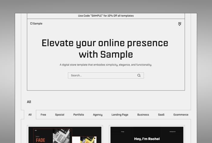 Sample — Digital Products Template - Sample provides an elegant canvas for showcasing your digital offerings. Our template embraces the beauty of simplicity, ensuring that your digital products take center stage without distraction.