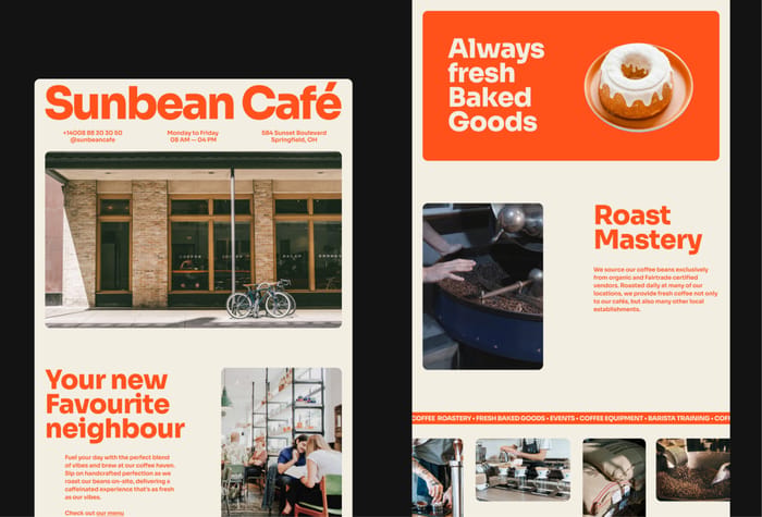 Sunbean — Coffee shop Website - Sunbean is a friendly duotone template suitable for coffee shops, restaurants, bakeries or similar businesses.