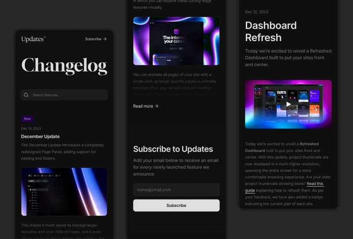 Updates — Changelog and Release Notes Template - Easily publish your software changelog and release notes. Customize the style right inside Framer. Go live in seconds.