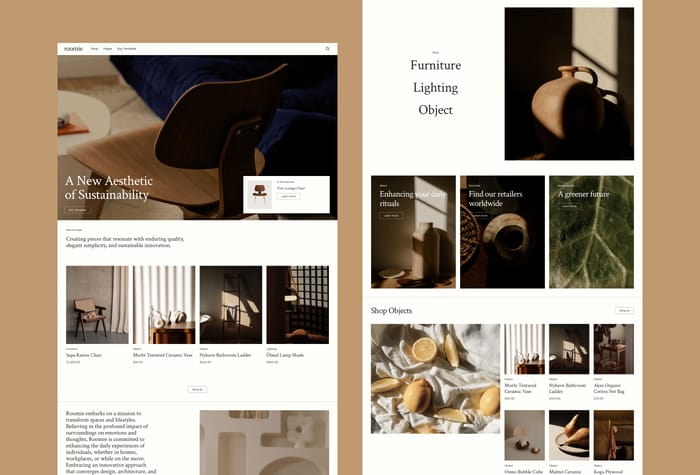 Roomie — Furniture Ecommerce Template - The definitive 19+ pages eCommerce template meticulously crafted to elevate the online presence of your small business. Immerse your audience in a visually stunning shopping experience that seamlessly merges sophisticated design with advanced interactions.
