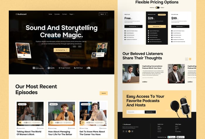 AudioCast — Podcast Website - Audio Cast is an exceptional podcast hosting template meticulously designed and developed using Framer. This cutting-edge template transcends traditional podcasting frameworks, offering a dynamic and responsive interface that seamlessly adjusts to different screen sizes and devices.