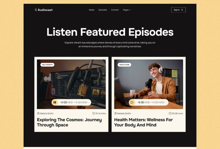 AudioCast — Podcast Website - Audio Cast is an exceptional podcast hosting template meticulously designed and developed using Framer. This cutting-edge template transcends traditional podcasting frameworks, offering a dynamic and responsive interface that seamlessly adjusts to different screen sizes and devices.