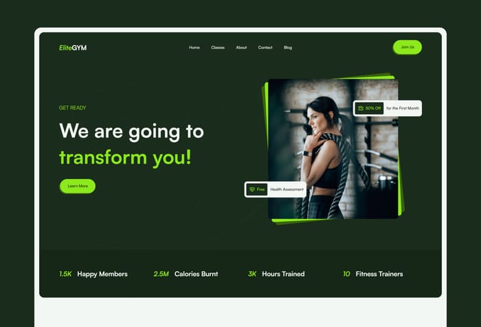 EliteGYM — Gym Center Website - EliteGYM is a modern and customizable template created specifically for Gyms and fitness centers. This template stands out with its sleek design and user-friendly interface. It's perfect for showcasing fitness classes, membership options, and more.
